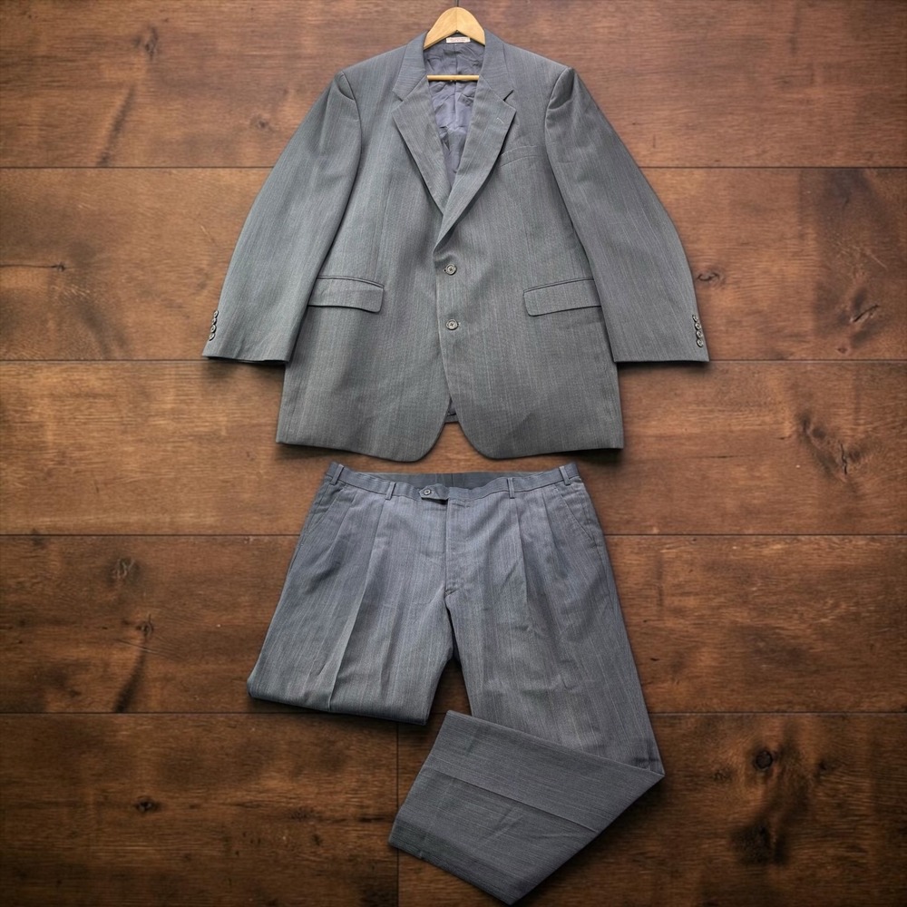 Vintage Oscar de la Renta Hand Tailored Grey Pinstripe 2 Pcs Suit Mens 48R 42x30